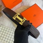 1:1  Hermes  Chocolate&Black Leather Belt  with Gold buckle  Buckle Like a Lock 3.8cm